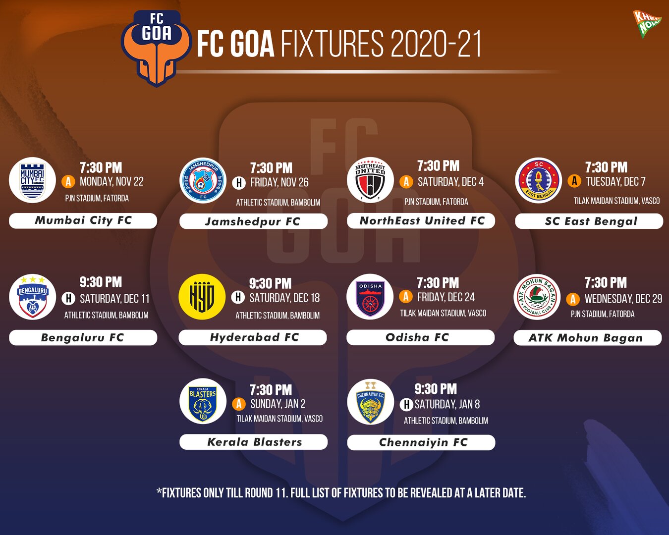 FC Goa’s ISL 2021-22 fixtures till Round 11 (via ISL Media)