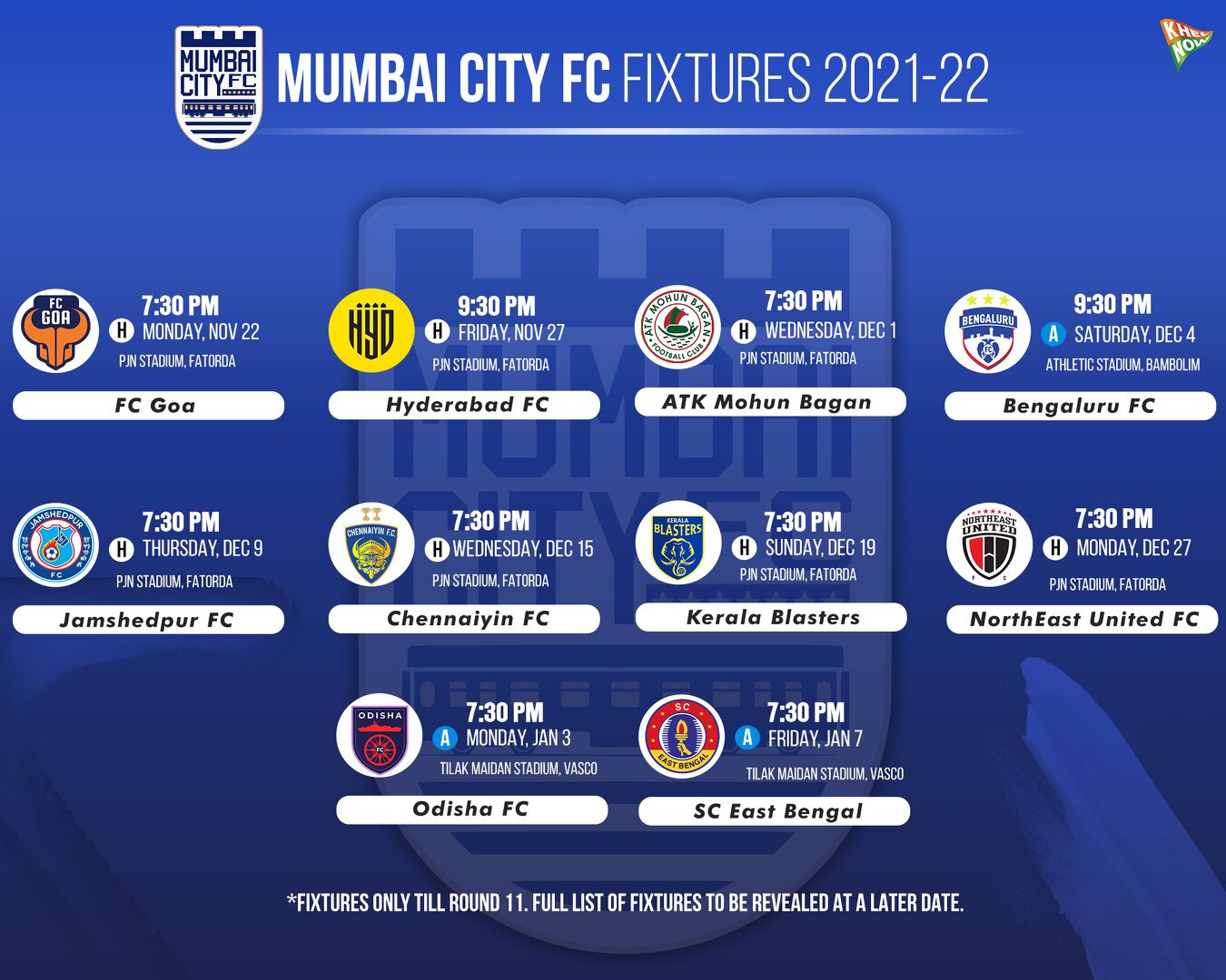 Mumbai City FC's ISL 2021-22 fixtures