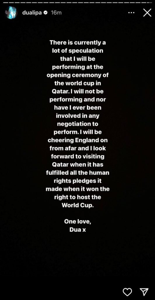 Dua Lipa confirms she won't be performing at 2022 FIFA World Cup opening ceremony