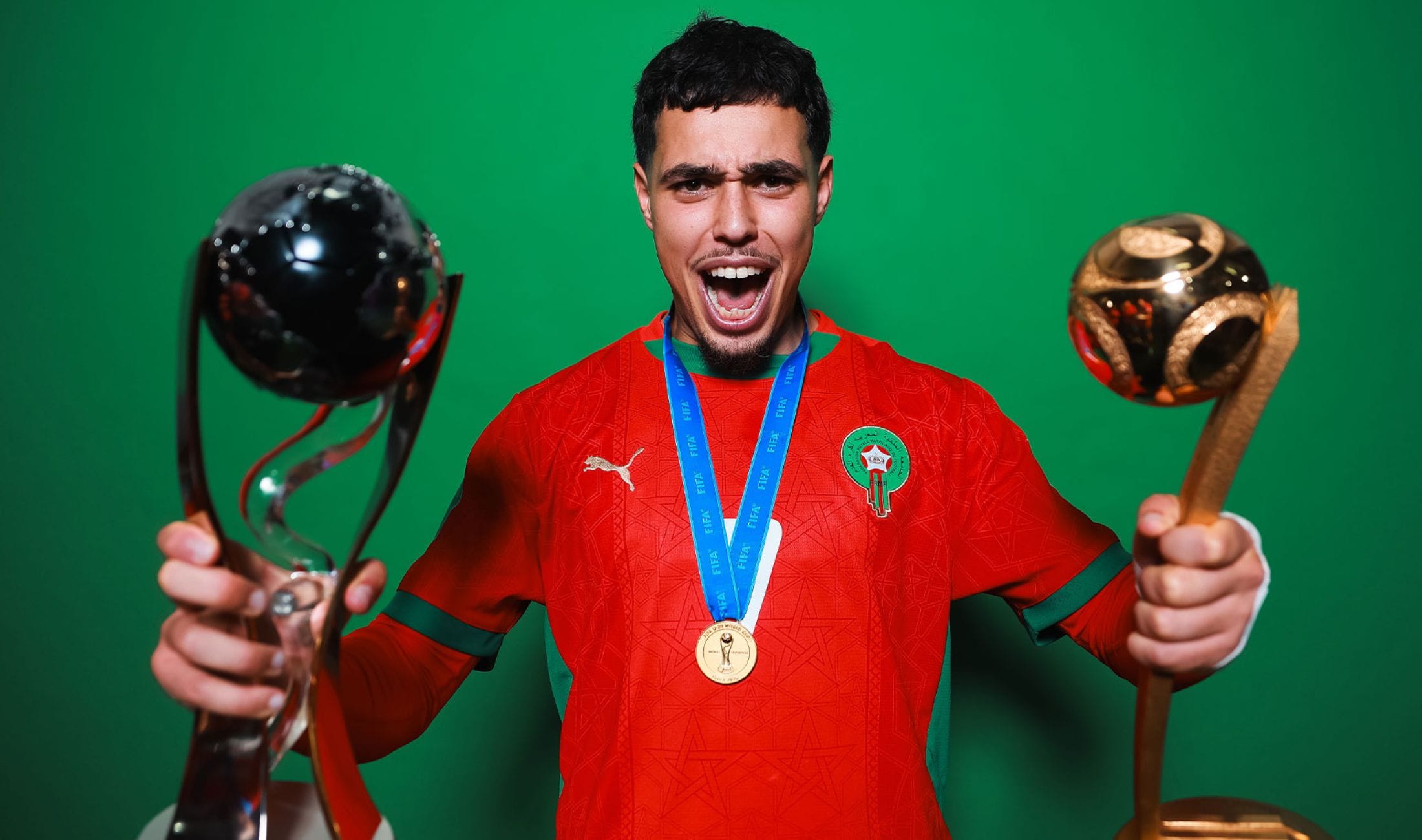 SANTIAGO, CHILE - OCTOBER 19: Othmane Maamma of Morocco poses for a portrait following their win over Argentina in the FIFA U-20 World Cup Chile 2025 final at Estadio Nacional Julio Martínez Prádanos on October 19, 2025 in Santiago, Chile. (Photo by Hector Vivas - FIFA/FIFA via Getty Images)