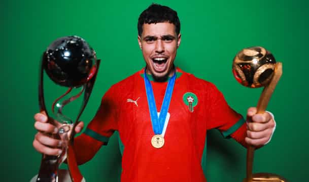 SANTIAGO, CHILE - OCTOBER 19: Othmane Maamma of Morocco poses for a portrait following their win over Argentina in the FIFA U-20 World Cup Chile 2025 final at Estadio Nacional Julio Martínez Prádanos on October 19, 2025 in Santiago, Chile. (Photo by Hector Vivas - FIFA/FIFA via Getty Images)