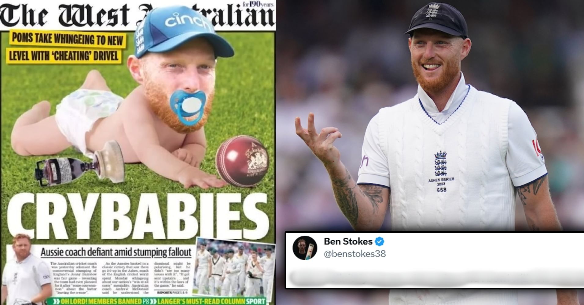 Ben Stokes comes up with savage reply after Australian newspaper calls him "Crybaby"