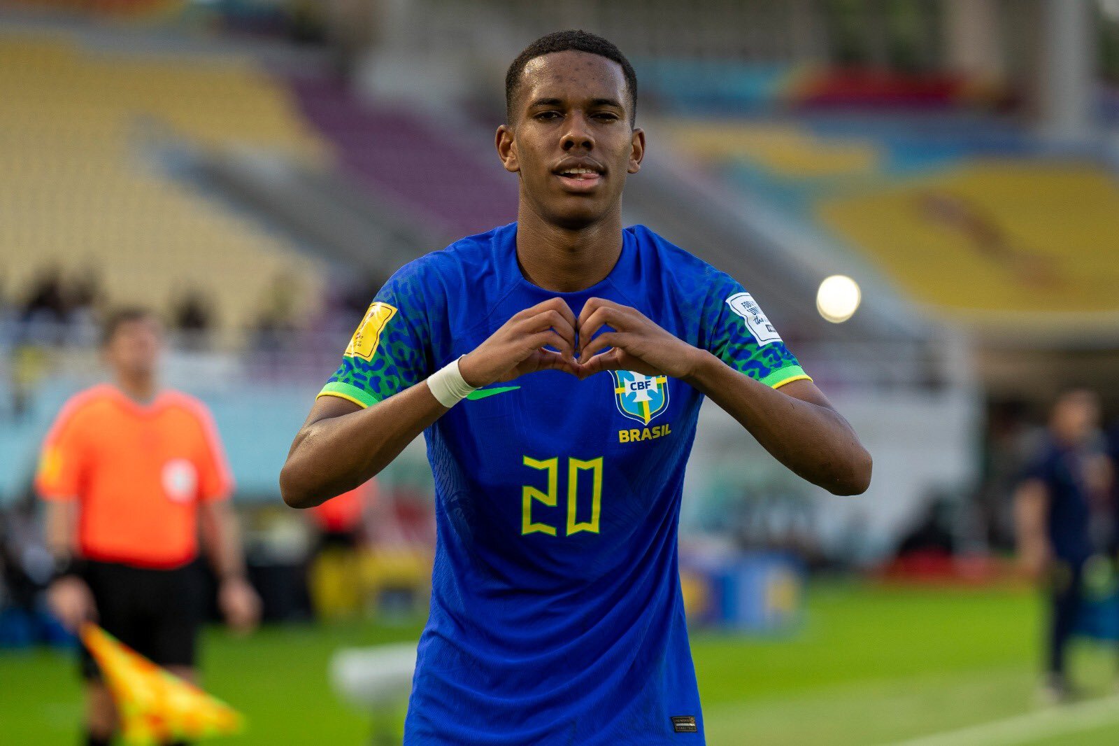 Estevao Willian celebrates scoring.