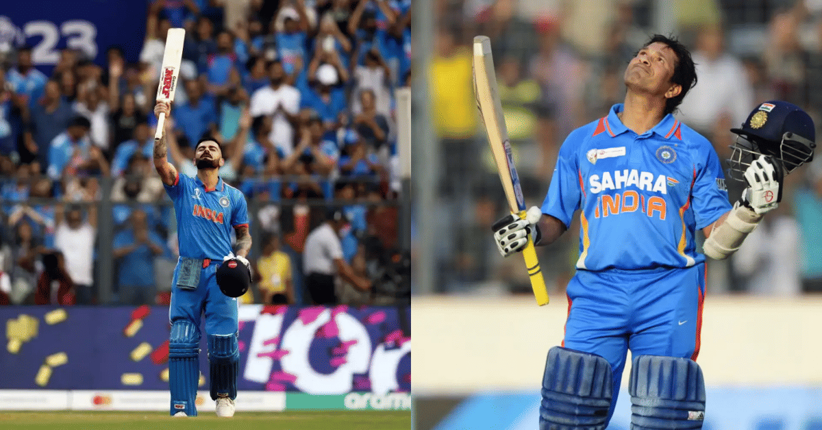 Sachin Tendulkar reacts as Virat Kohli becomes the first-ever batsman to hit 50 centuries in ODI cricket