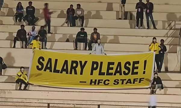 “Salary Please!".... banner at Gachibowli Stadium in further message to Hyderabad FC management