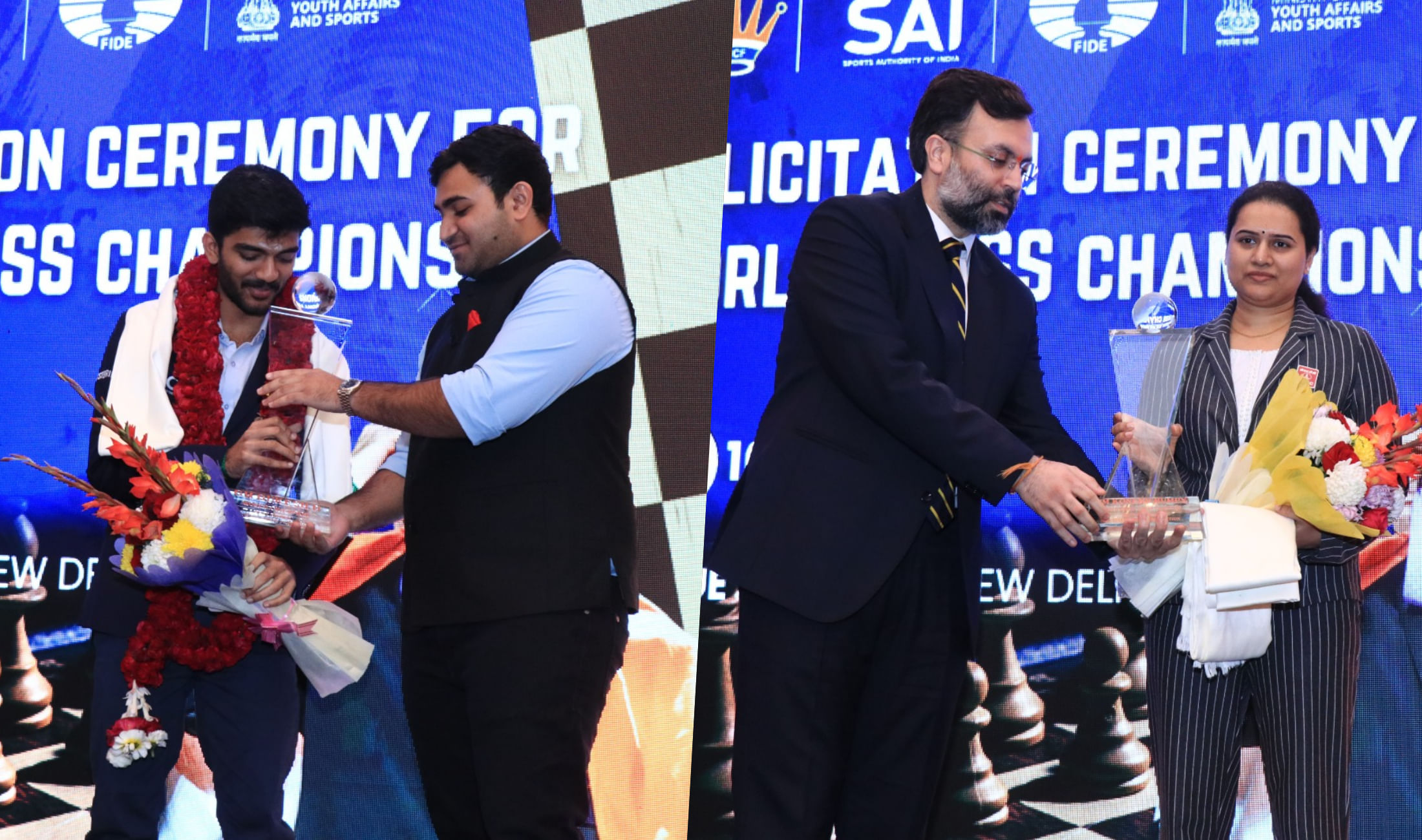 D Gukesh, Koneru Humpy felicitated by All India Chess Federation for historic wins