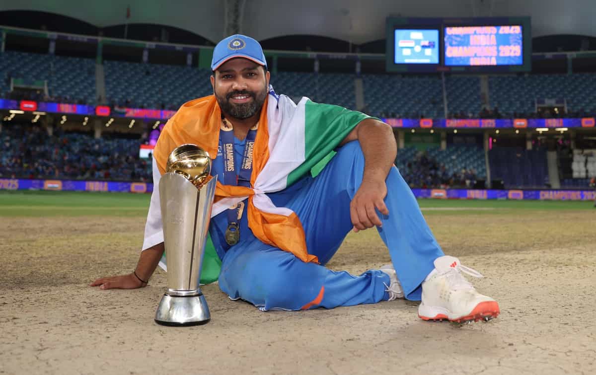 Rohit Sharma poses with ICC Champions Trophy 2025 cup