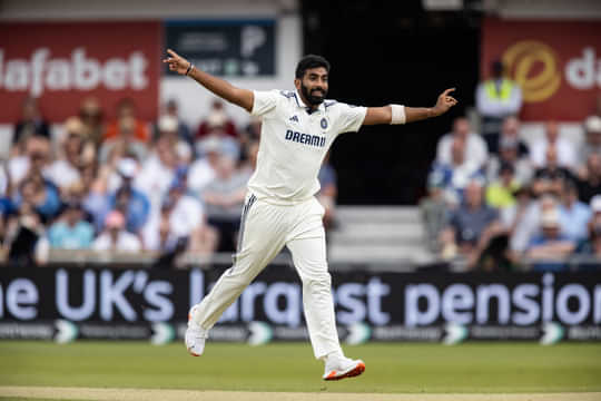 LEEDS, ENGLAND - JUNE 21: Jasprit Bumrah of India celebrates after taking the wicket of Zak Crawley of England during day two of the 1st Rothesay Test Match between England and India at Headingley on June 21, 2025 in Leeds, England. (Photo by Andy Kearns/Getty Images)