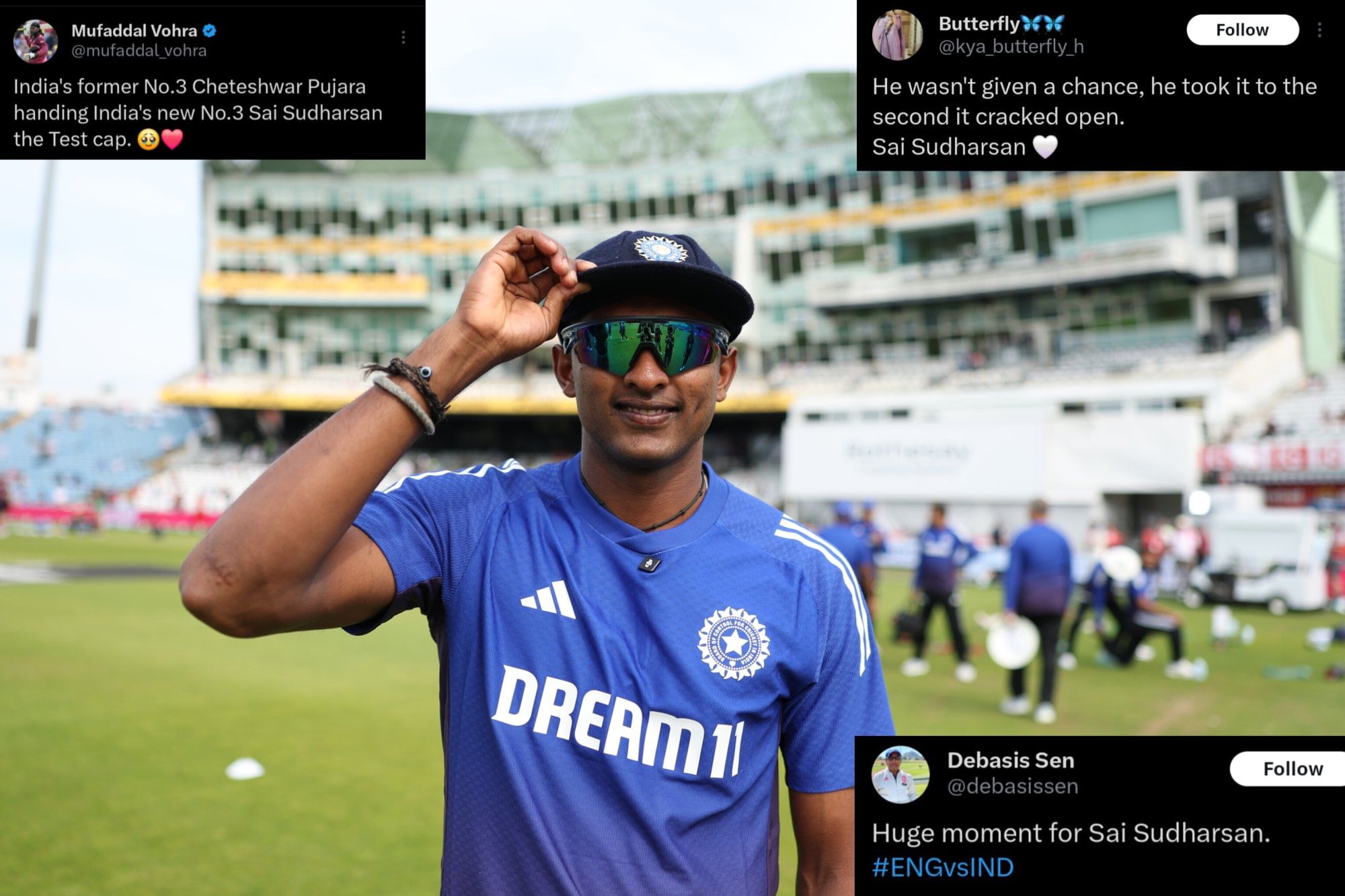 Passing of legacy at three...- Fans congratulate Sai Sudharsan after he gets test cap from Cheteshwar Pujara
