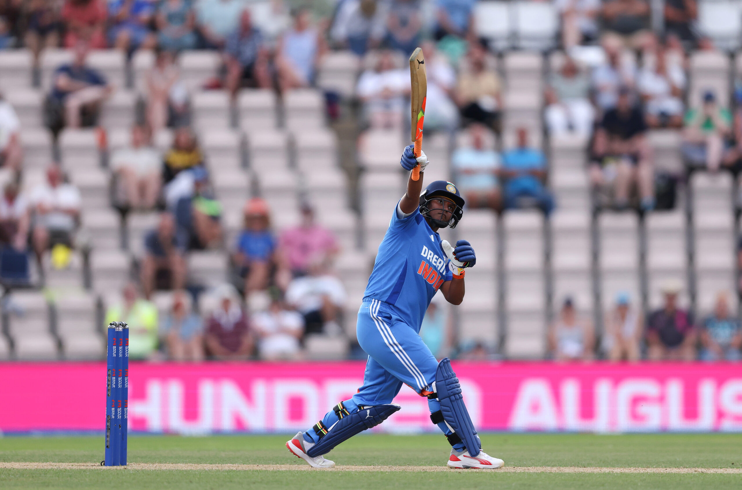 SOUTHAMPTON, ENGLAND - JULY 16: Deepti Sharma of India bats during the 1st Women's Metro Bank ODI match between England and India at Utilita Bowl on July 16, 2025 in Southampton, England. (Photo by Michael Steele/Getty Images)