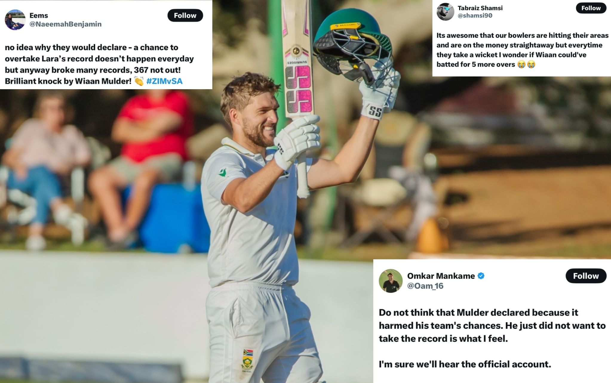 "He might be biggest Brian Lara fan…" Fans react as Wiaan Mulder declares vs ZIM while leaving himself stranded on 367