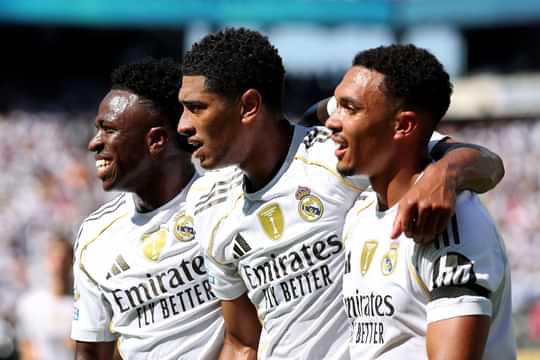 inicius Junior #7, Jude Bellingham #5, and Trent Alexander-Arnold #12 of Real Madrid C.F.