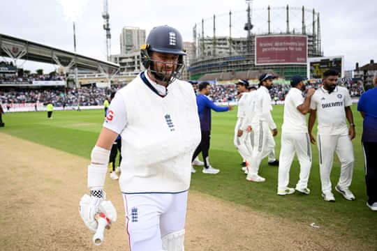LONDON, ENGLAND - AUGUST 04: Chris Woakes of England walks off the field at the end of the match after batting with his arm in a sling on day five of the 5th Rothesay Test Match at The Kia Oval on August 04, 2025 in London, England. (Photo by Gareth Copley/Getty Images)