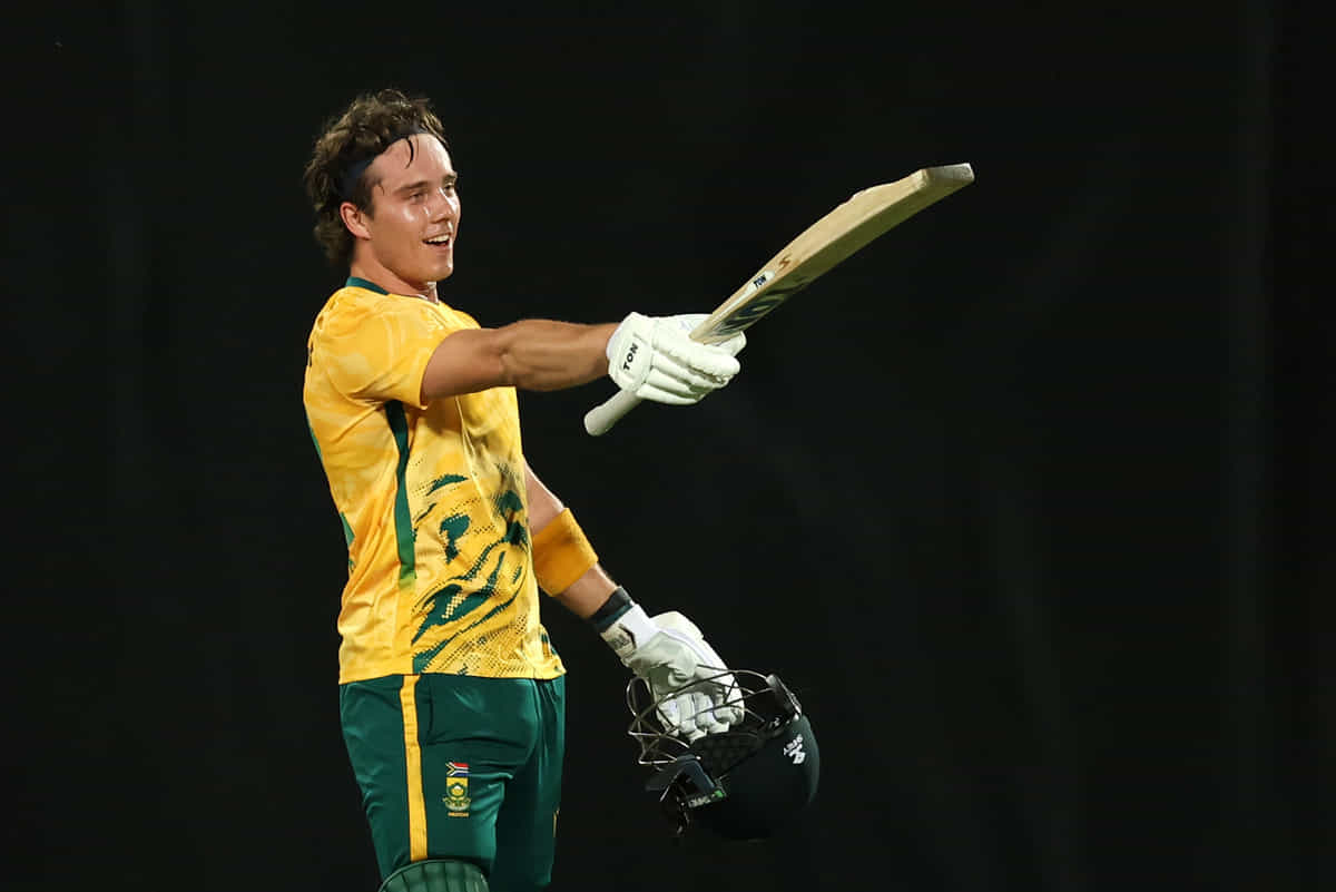 Dewald Brevis celebrates his maiden T20I hundred