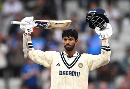 MANCHESTER, ENGLAND - JULY 27: India batsman Washington Sundar celebrates his century during day five of the 4th Test Match between England and India at Emirates Old Trafford on July 27, 2025 in Manchester, England. (Photo by Stu Forster/Getty Images)