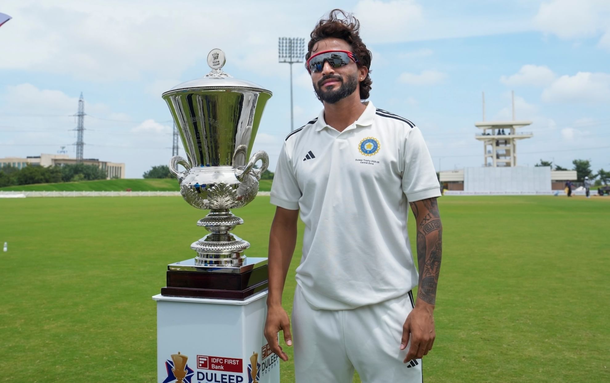 Central Zone captain Rajat Patidar poses with the trophy after winning Duleep Trophy 2025-26