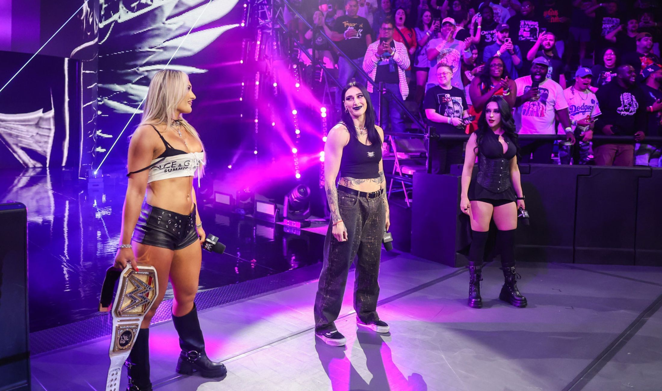 WWE Tiffany Stratton, Rhea Ripley, and Stephanie Vaquer Crown Jewel