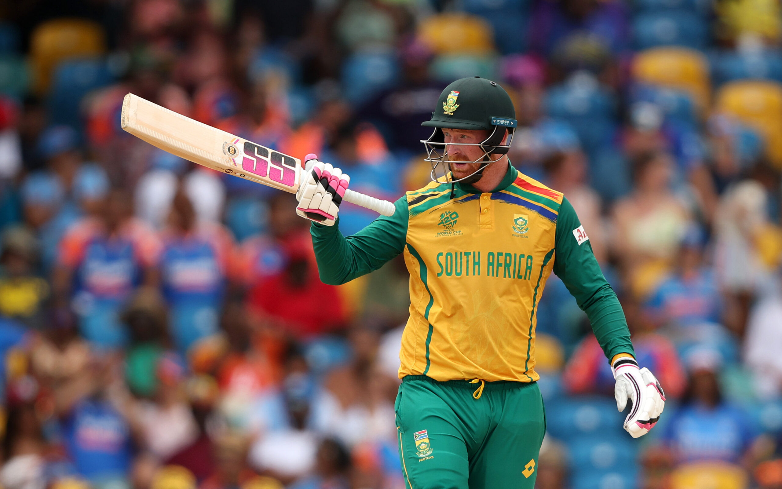 BRIDGETOWN, BARBADOS - JUNE 29: Heinrich Klaasen of South Africa celebrates his half century during the ICC Men's T20 Cricket World Cup West Indies & USA 2024 Final match between South Africa and India at Kensington Oval on June 29, 2024 in Bridgetown, Barbados. (Photo by Darrian Traynor-ICC/ICC via Getty Images)