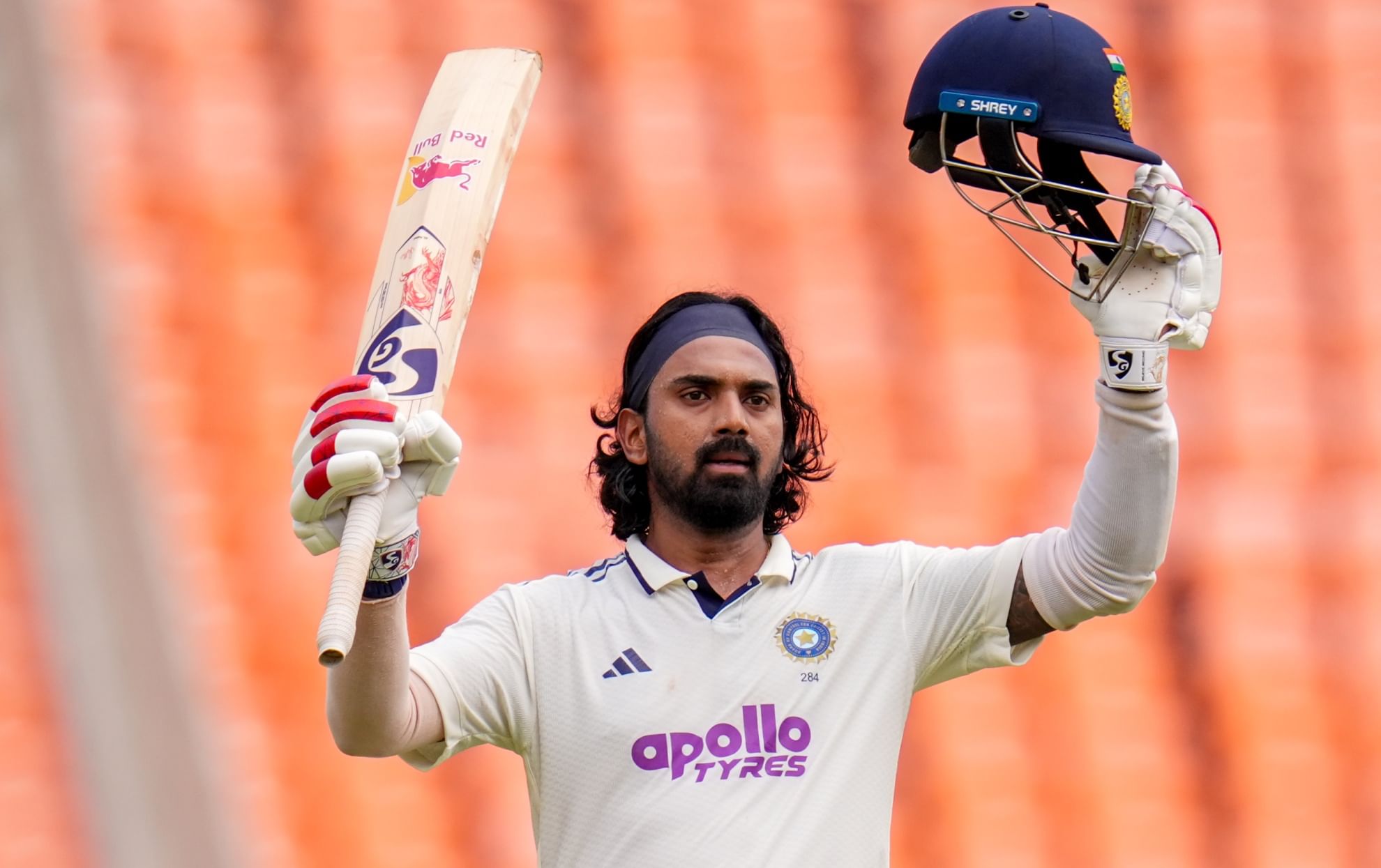 KL Rahul celebrates his hundred in the Ahmedabad test against the West Indies