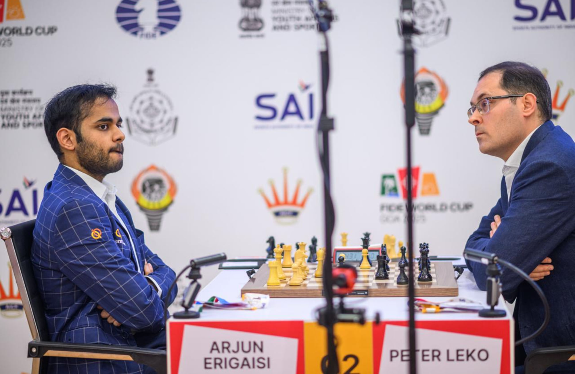 GM Arjun Erigaisi and GM Peter Leko during their Round 4 game 2 match in FIDE World cup 2025_Credit - Michal Walusza - FIDE