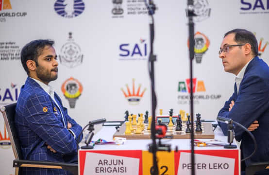 GM Arjun Erigaisi and GM Peter Leko during their Round 4 game 2 match in FIDE World cup 2025_Credit - Michal Walusza - FIDE