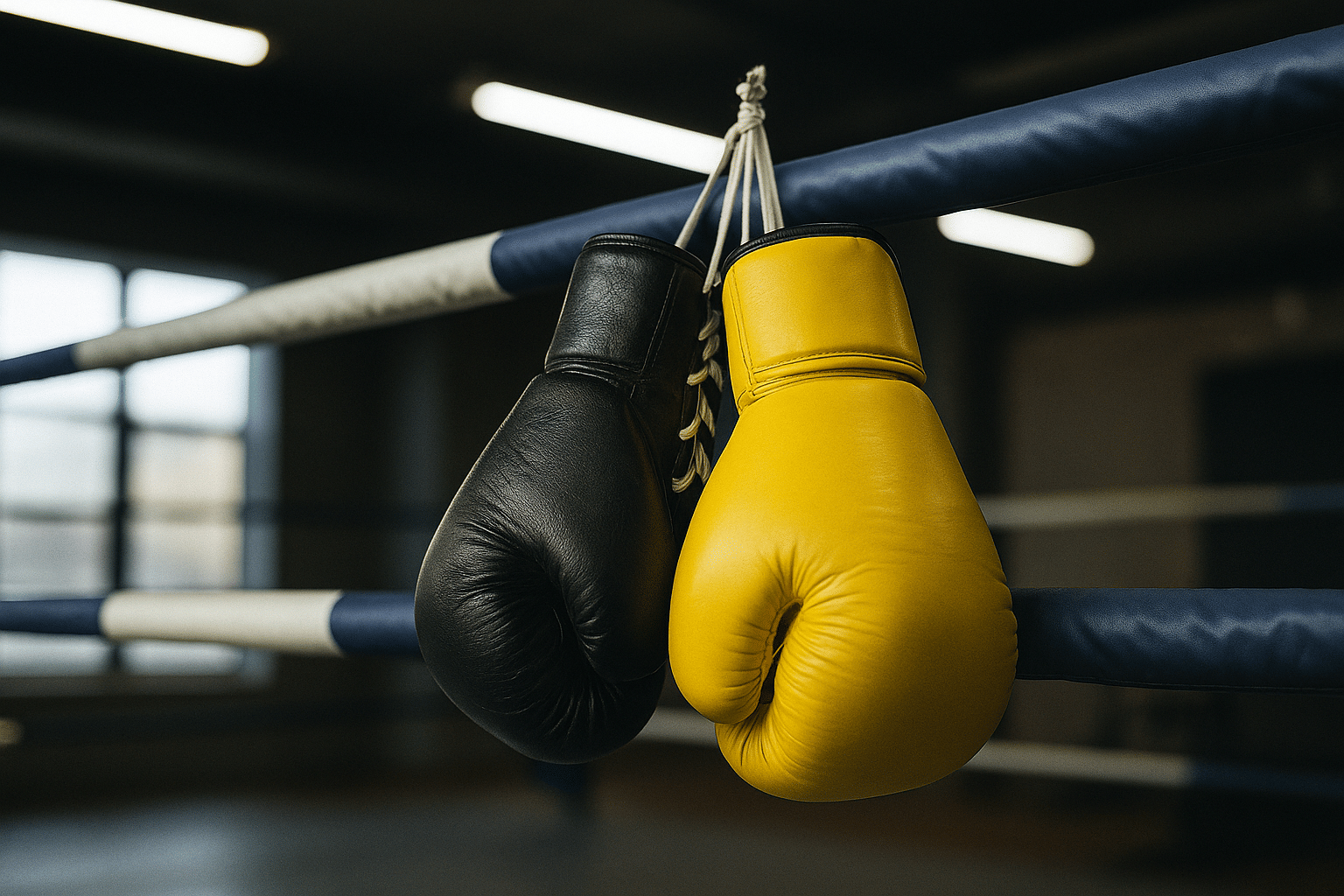 Laced up yellow boxing gloves on ring ropes