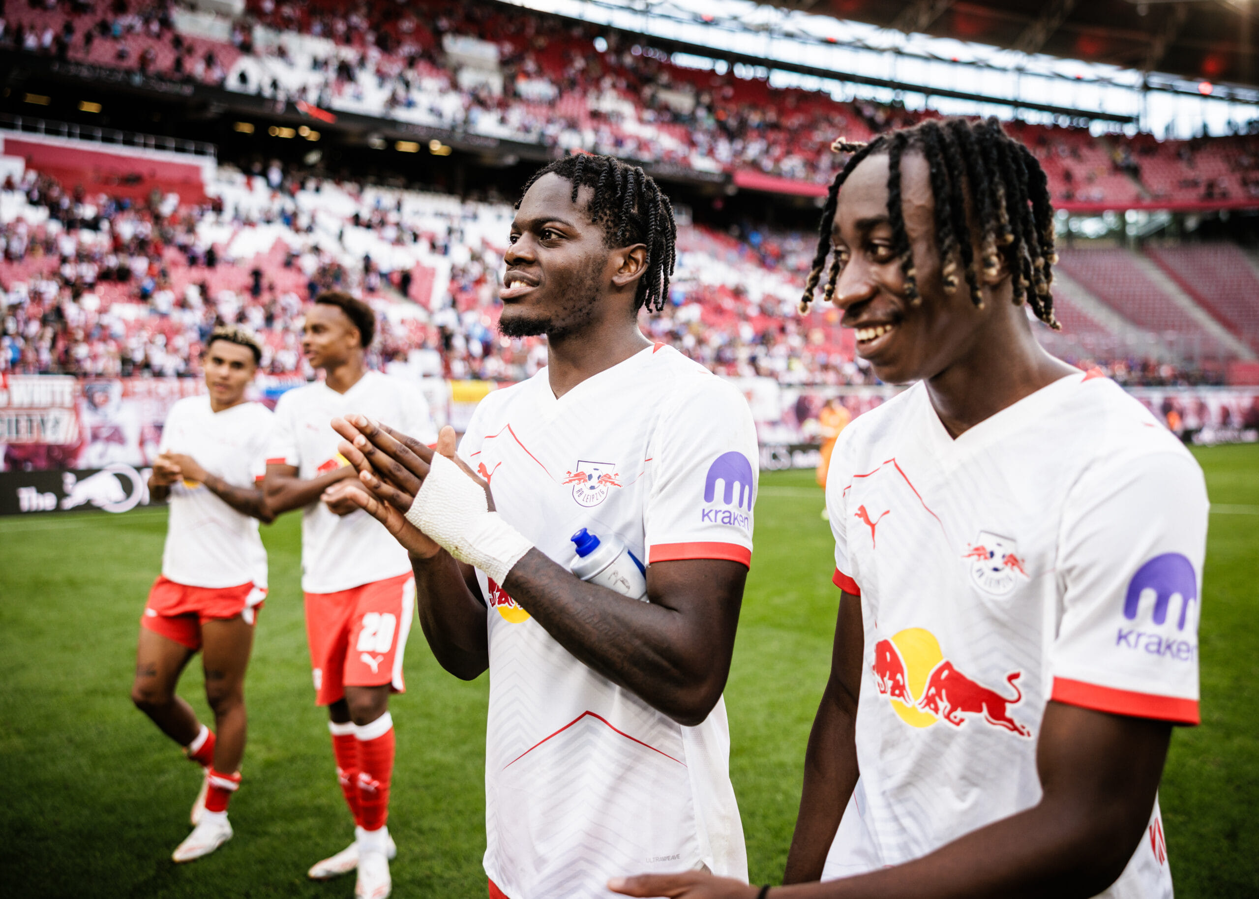 Yan Diomande and Castello Lukeba of RB Leipzig Bundesliga