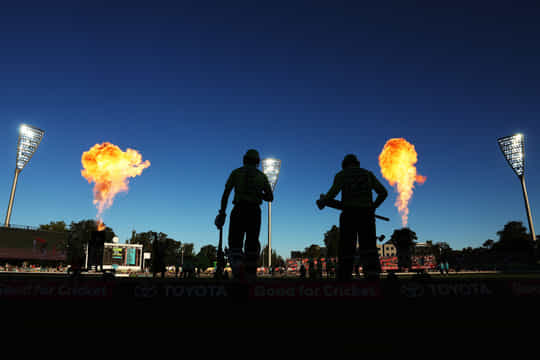 CANBERRA, AUSTRALIA - DECEMBER 22: Sam Konstas of the Thunder and Matthew Gilkes of the Thunder run out to bat during the BBL match between Sydney Thunder and Brisbane Heat at Manuka Oval, on December 22, 2025, in Canberra, Australia (Photo by Mark Metcalfe/Getty Images)