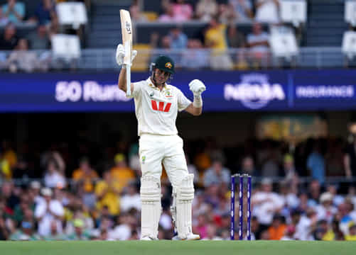 Australia's Marnus Labuschagne celebrates his 50 on day two of the second NRMA Insurance Ashes Series 2025 test at The Gabba, Brisbane, Australia. Picture date: Friday December 5, 2025. (Photo by Robbie Stephenson/PA Images via Getty Images)