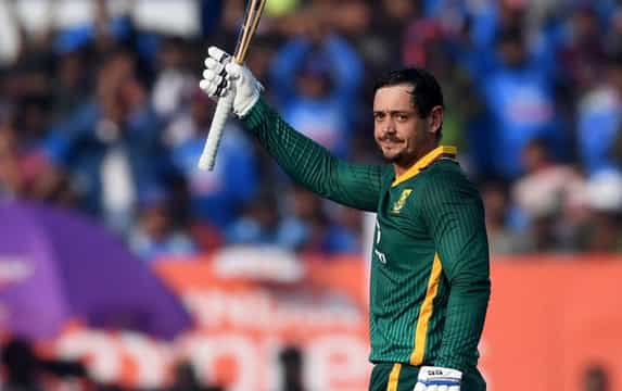 Quinton de Kock celebrates his 100 against India in Visakhapatnam