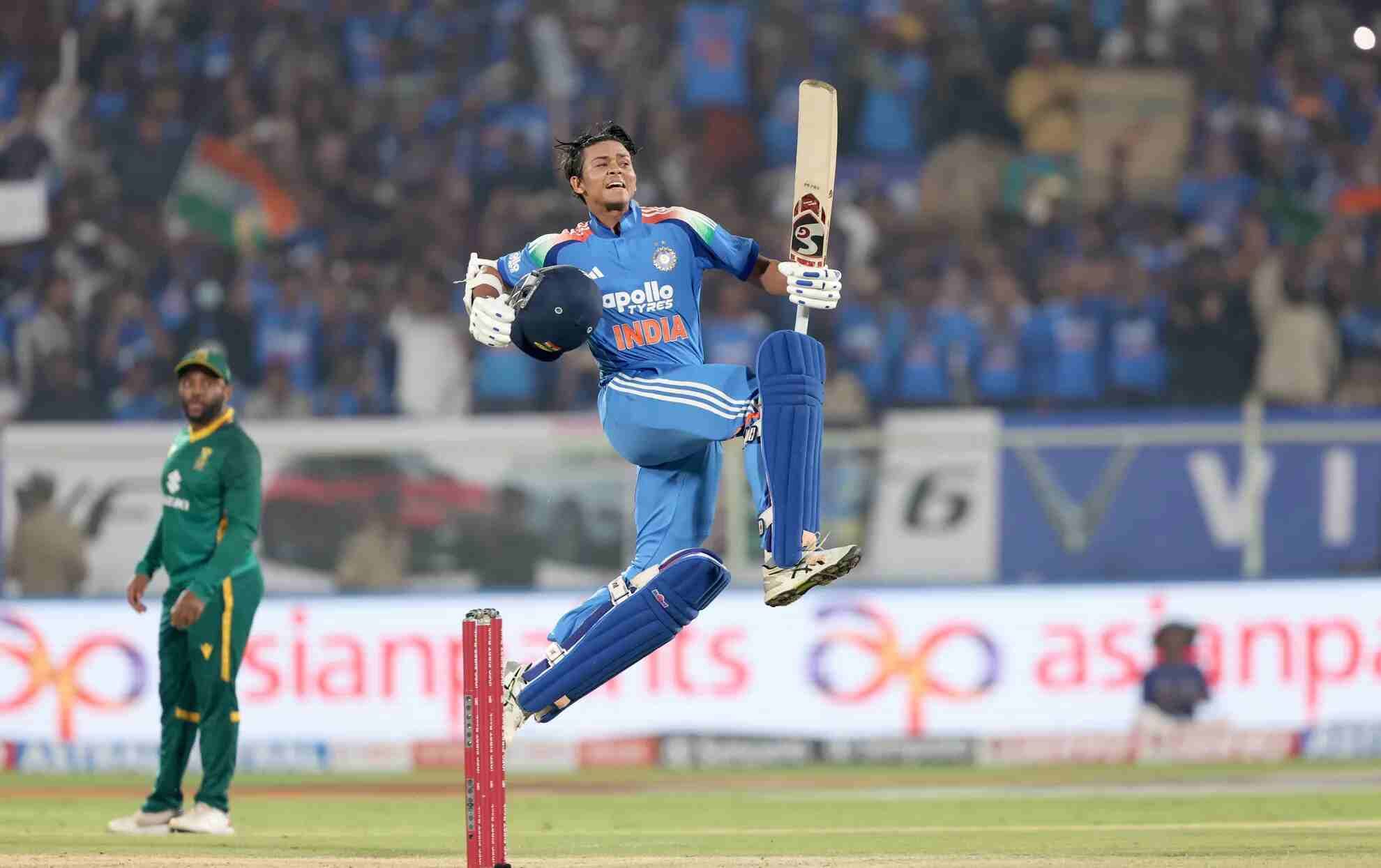 Yashasvi Jaiswal celebrates his maiden ODI hundred
