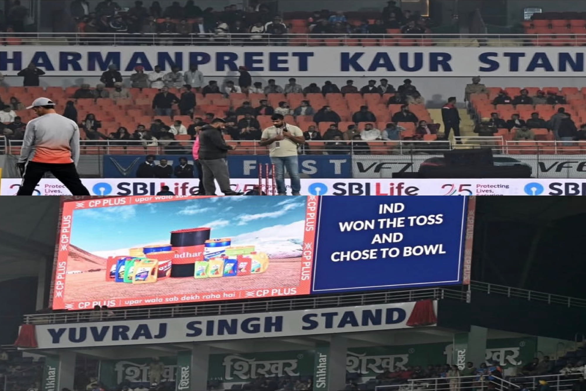 Yuvraj Singh and Harmanpreet Kaur stand at PCA