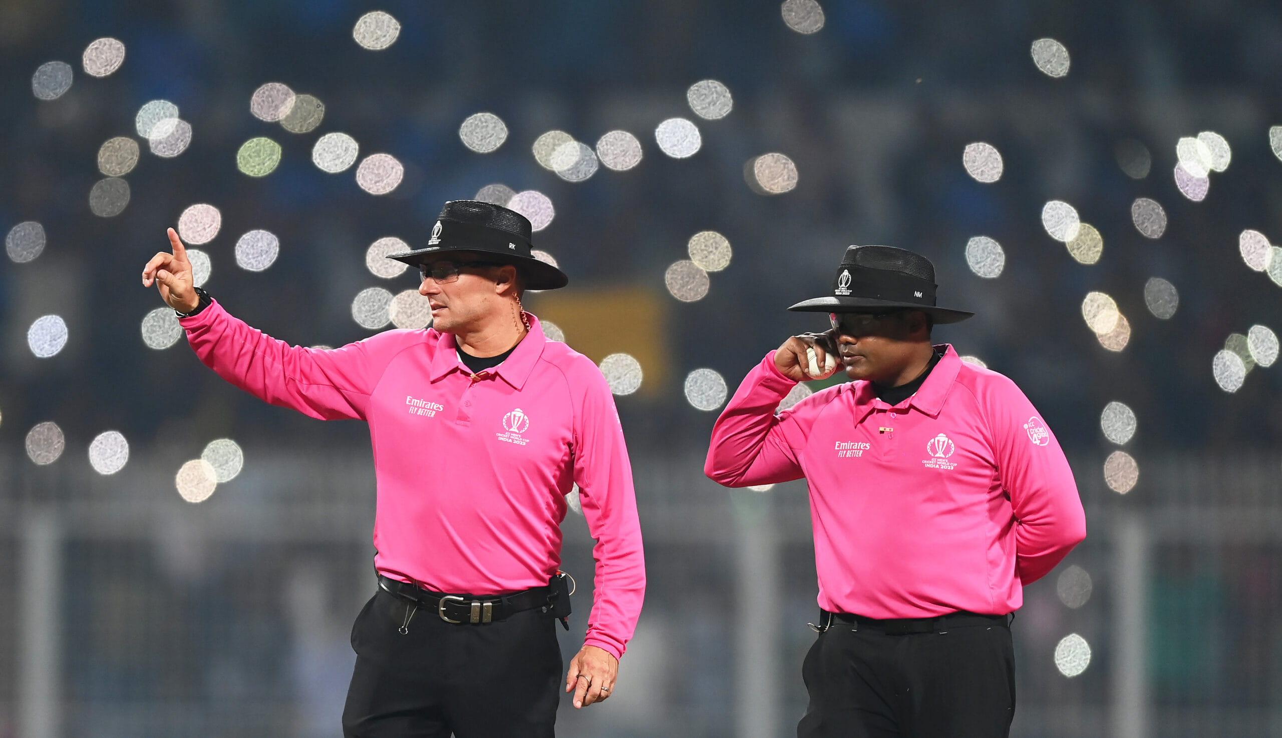 KOLKATA, INDIA - OCTOBER 31: Match Umpires Richard Kettleborough and Nitin Menon interact during the ICC Men's Cricket World Cup India 2023 between Pakistan and Bangladesh at Eden Gardens on October 31, 2023 in Kolkata, India. (Photo by Alex Davidson-ICC/ICC via Getty Images)
