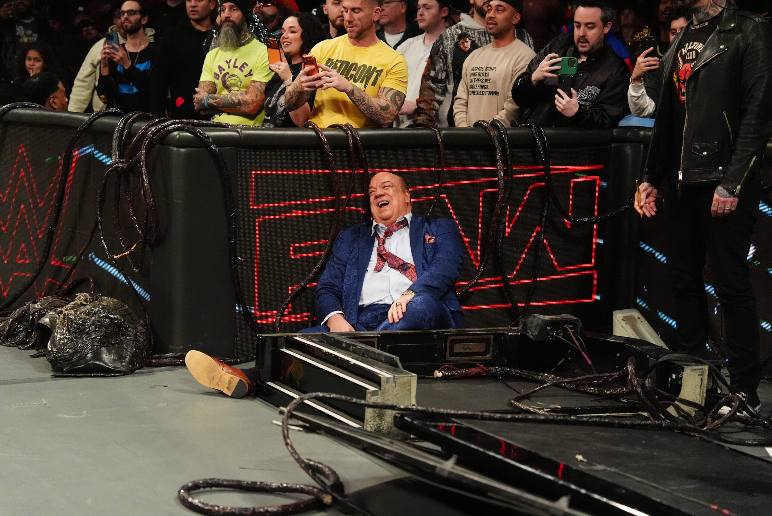 Paul Heyman reacts after being attacked by CM Punk during Monday Night WWE RAW