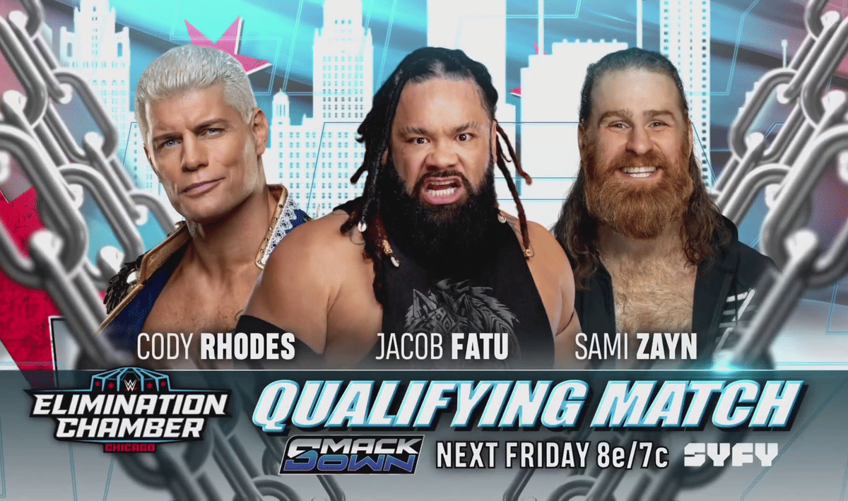 Cody Rhodes vs Jacob Fatu vs Sami Zayn (Men’s Elimination Chamber Qualifying Match) - WWE SmackDown