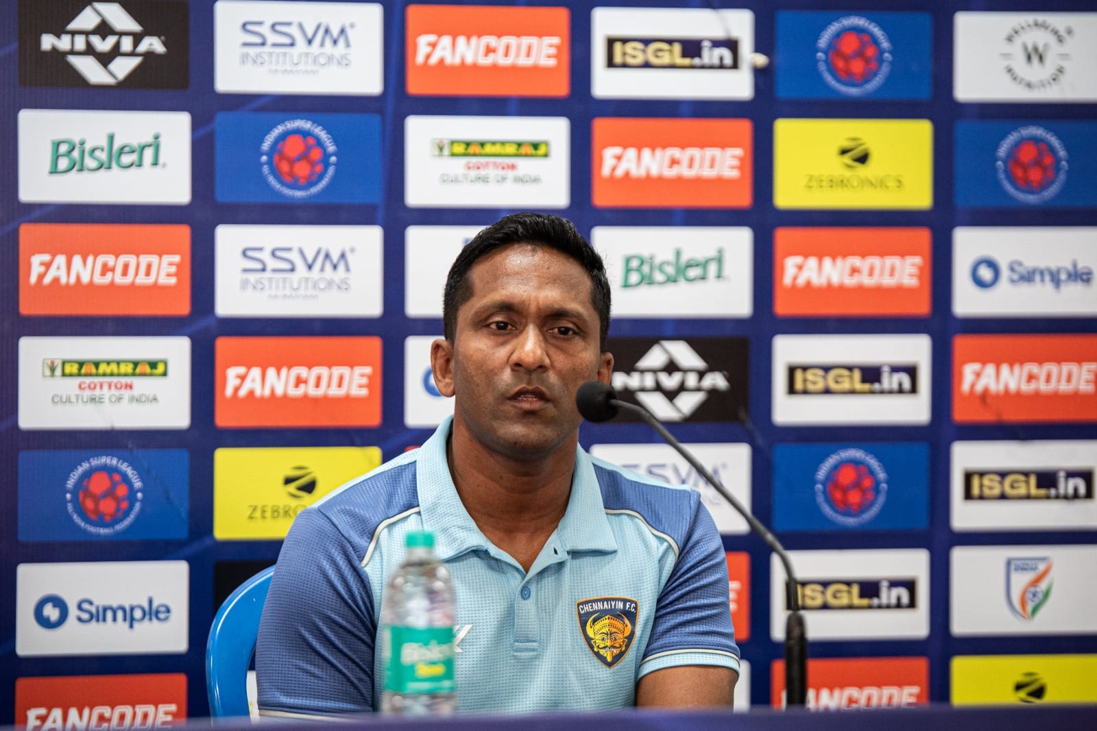 Chennaiyin FC head coach Clifford Miranda addressing the media