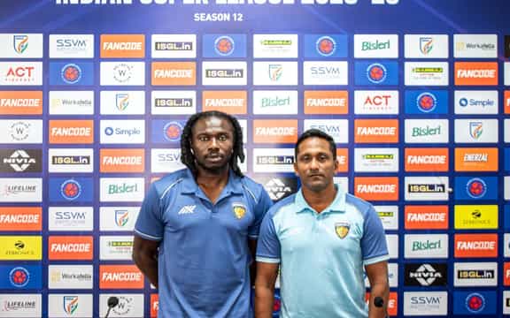 Head Coach Clifford Miranda and striker Chima Chukwu during the pre-match press conference held in Chennai ahead of the match against FC Goa
