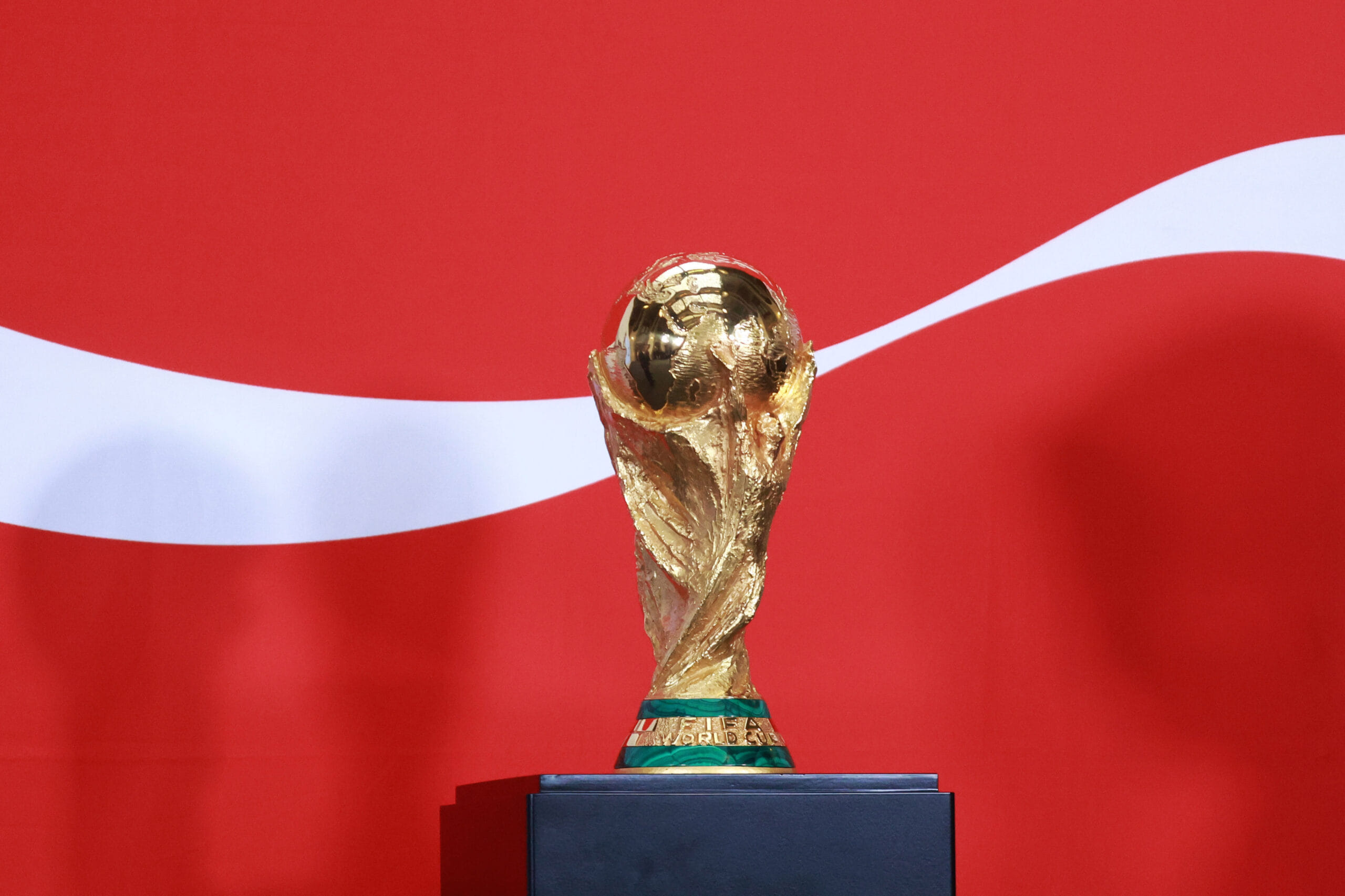The FIFA World Cup Trophy at Claudia Sheinbaum's press conference in Mexico