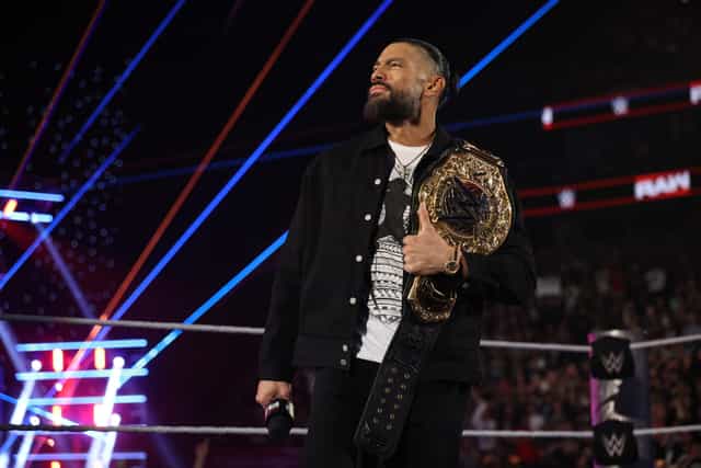 Roman Reigns enters the arena during Monday Night RAW at T-Mobile Arena on April 20, 2026 in Las Vegas, Nevada. (Photo by Melina Pizano/WWE Via Getty Images) WWE Raw