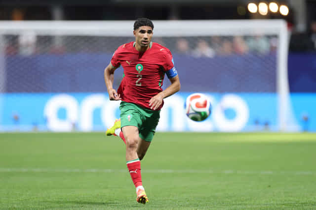 ATLANTA, GEORGIA - JUNE 24: Achraf Hakimi #2 of Morocco controls the ball during the FIFA World Cup 2026 Group C match between Morocco and Haiti at Atlanta Stadium on June 24, 2026 in Atlanta, Georgia. (Photo by Kevin C. Cox/Getty Images)