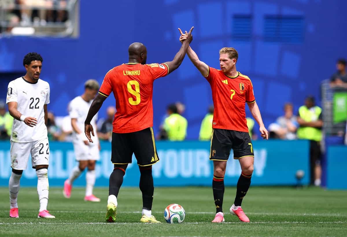 Romelu Lukaku #9 of Belgium celebrates with Kevin De Bruyne #7 Belgium FIFA World Cup