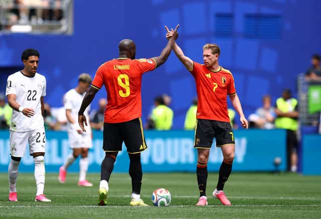 Romelu Lukaku #9 of Belgium celebrates with Kevin De Bruyne #7 Belgium FIFA World Cup