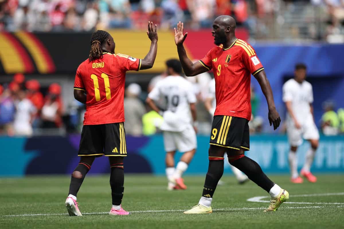 Romelu Lukaku #9 of Belgium celebrates with Jeremy Doku #11 FIFA World Cup