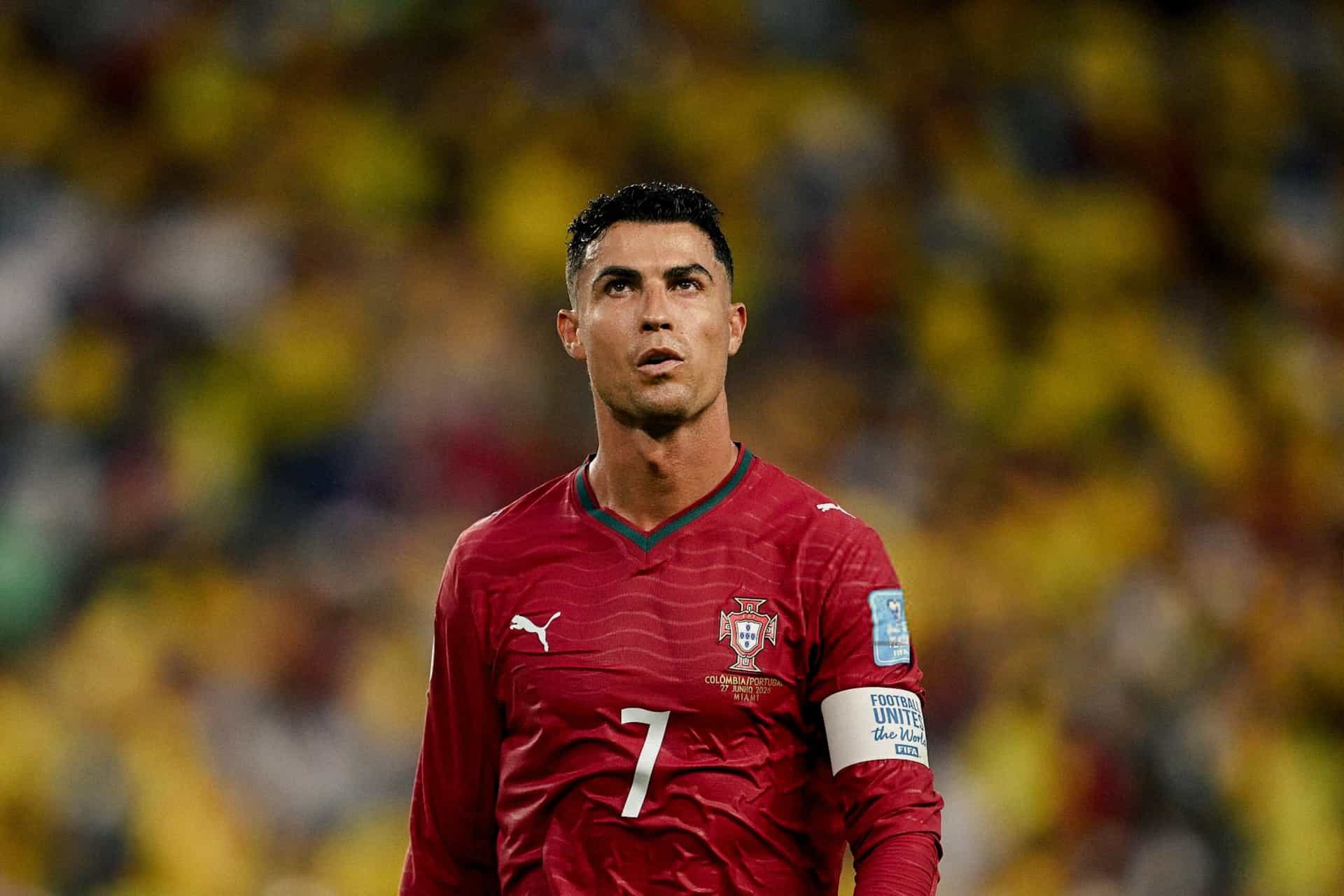 MIAMI GARDENS, FLORIDA - JUNE 27: Cristiano Ronaldo #7 of Portugal looks on during the FIFA World Cup 2026 Group K match between Colombia and Portugal at Miami Stadium on June 27, 2026 in Miami Gardens, Florida. (Photo by Hannah Peters - FIFA/FIFA via Getty Images)