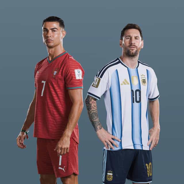 (EXCLUSIVE COVERAGE) (EDITORS NOTE: THIS IMAGE HAS BEEN RETOUCHED) In this composite image released on June 15, a comparison has been made between (L-R) Cristiano Ronaldo of Portugal and Lionel Messi of Argentina, who are posing during the official FIFA World Cup 2026 portrait sessions on June 14, 2026 in Kansas City and June 11, 2026 in Palm Beach, Florida. The two football legends are preparing to take part in their final FIFA World Cup. (Photo by Pat Elmont and Karl Bridgeman - FIFA/FIFA via Getty Images)