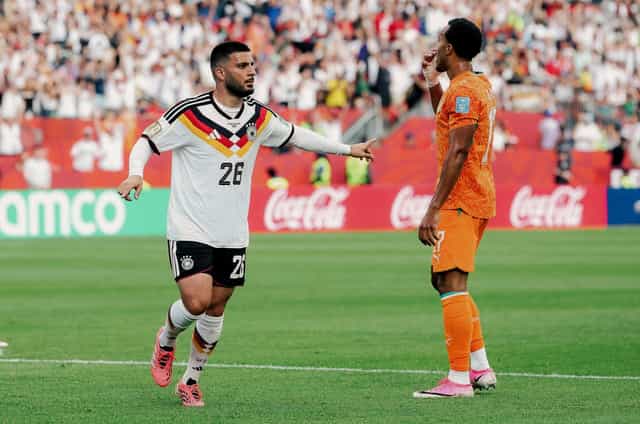 TORONTO, ONTARIO - JUNE 20: Deniz Undav #26 of Germany celebrates scoring his team's second goal during the FIFA World Cup 2026 Group E match between Germany and Cote D'Ivoire at Toronto Stadium on June 20, 2026 in Toronto, Ontario. (Photo by Alexander Hassenstein/Getty Images)