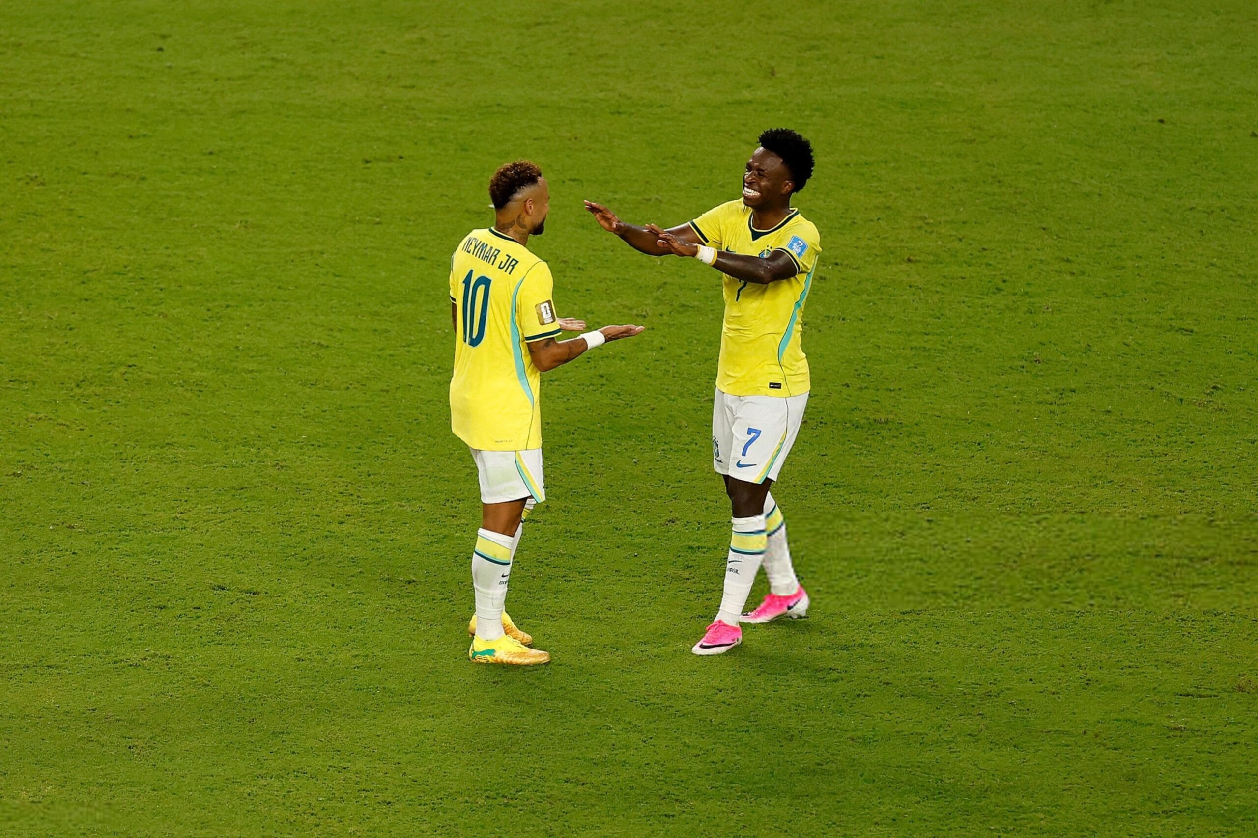 MIAMI GARDENS, FLORIDA - JUNE 24: Neymar Jr #10 and Vinicius Junior #7 of Brazil celebrate after the 3-0 win during the FIFA World Cup 2026 Group C match between Scotland and Brazil at Miami Stadium on June 24, 2026 in Miami Gardens, Florida. (Photo by Michael Reaves/Getty Images)