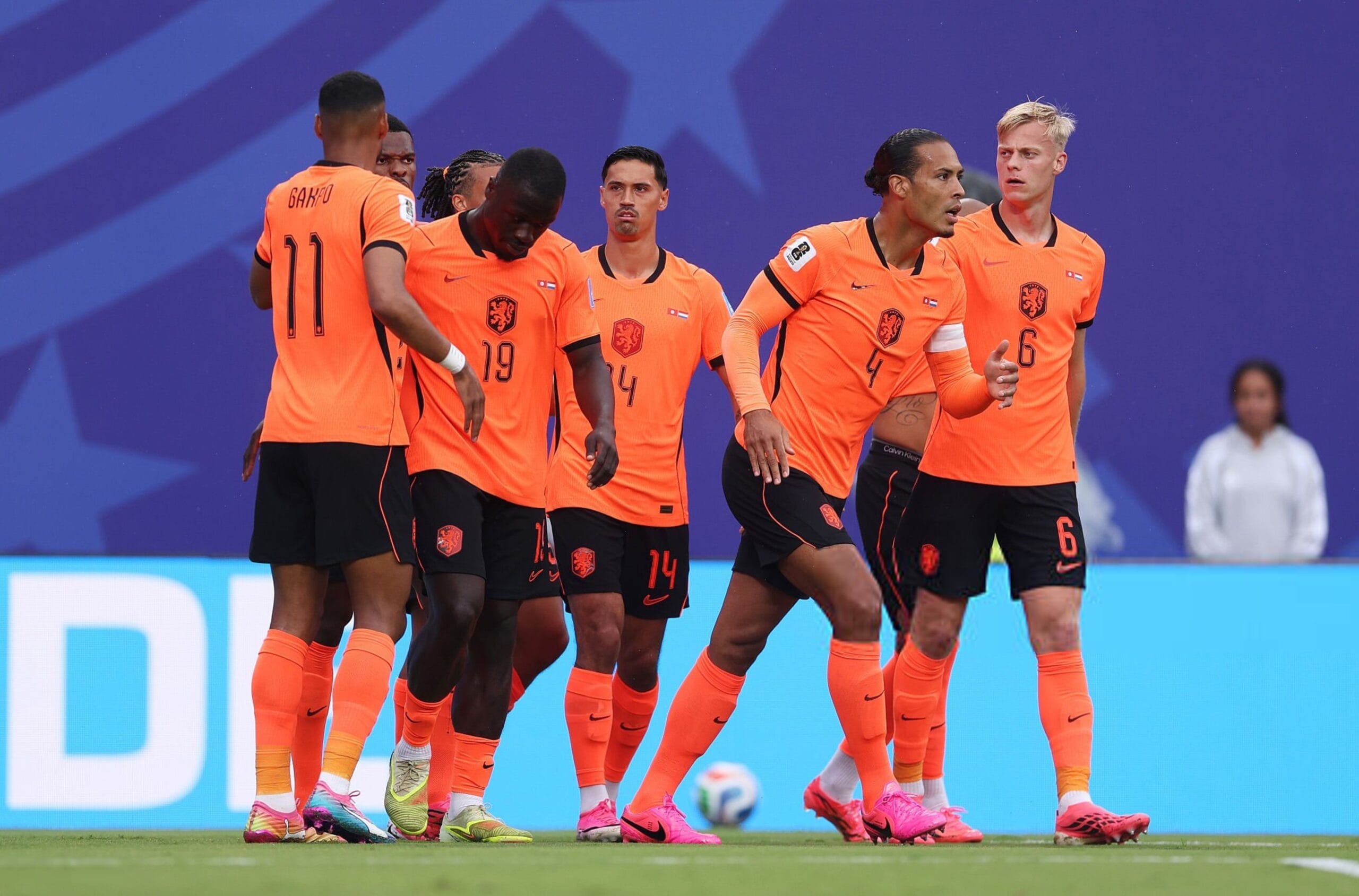 KANSAS CITY, MISSOURI - JUNE 25: Brian Brobbey #19 of Netherlands celebrates with teammates after scoring the team's second goal during the FIFA World Cup 2026 Group F match between Tunisia and Netherlands at Kansas City Stadium on June 25, 2026 in Kansas City, Missouri. (Photo by Alex Pantling - FIFA/FIFA via Getty Images)
