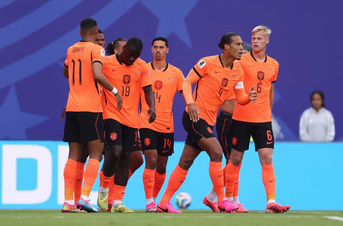 KANSAS CITY, MISSOURI - JUNE 25: Brian Brobbey #19 of Netherlands celebrates with teammates after scoring the team's second goal during the FIFA World Cup 2026 Group F match between Tunisia and Netherlands at Kansas City Stadium on June 25, 2026 in Kansas City, Missouri. (Photo by Alex Pantling - FIFA/FIFA via Getty Images)