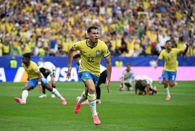 HOUSTON, TEXAS - JUNE 29: Gabriel Martinelli #22 of Brazil celebrates scoring his team's second goal during the FIFA World Cup 2026 Round Of 32 match between Brazil and Japan at Houston Stadium on June 29, 2026 in Houston, Texas. (Photo by Michael Regan - FIFA/FIFA via Getty Images)